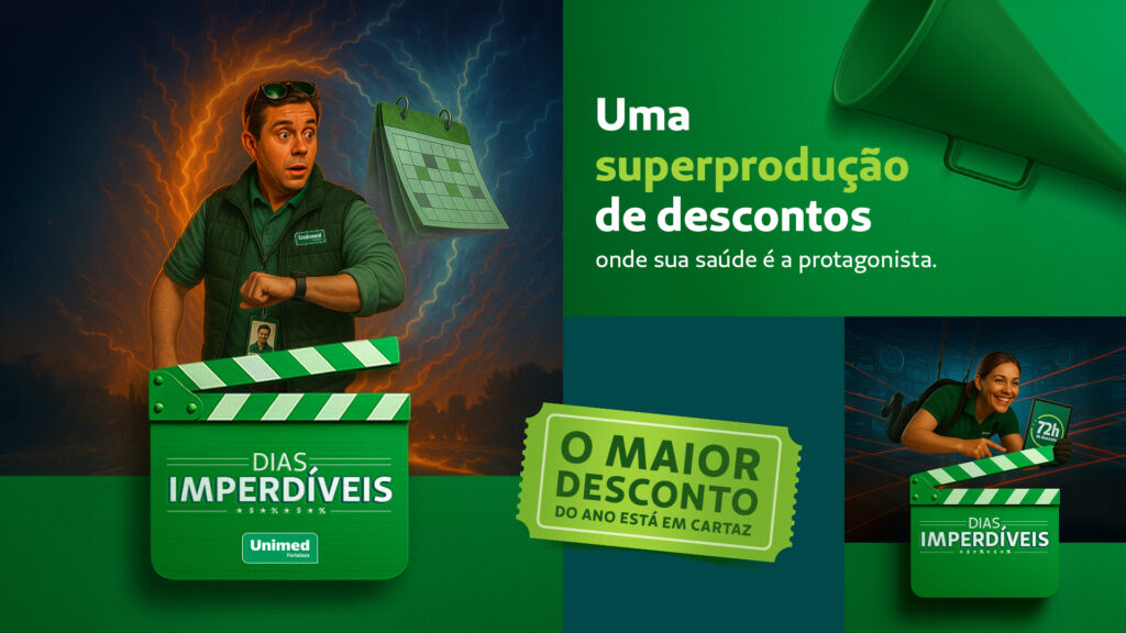 Pôsteres personalizados com vendedores da Unimed como astros de cinema.